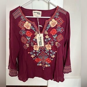Savanna Jane Burgundy Blouse with Embroidered Cuffs